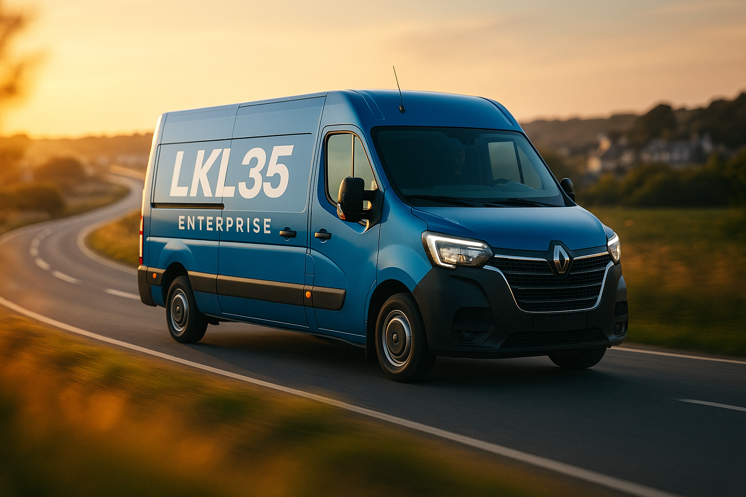 modern delivery warehouse with trucks loading packages, professional logistics operation, blue tinted lighting, wide panoramic view